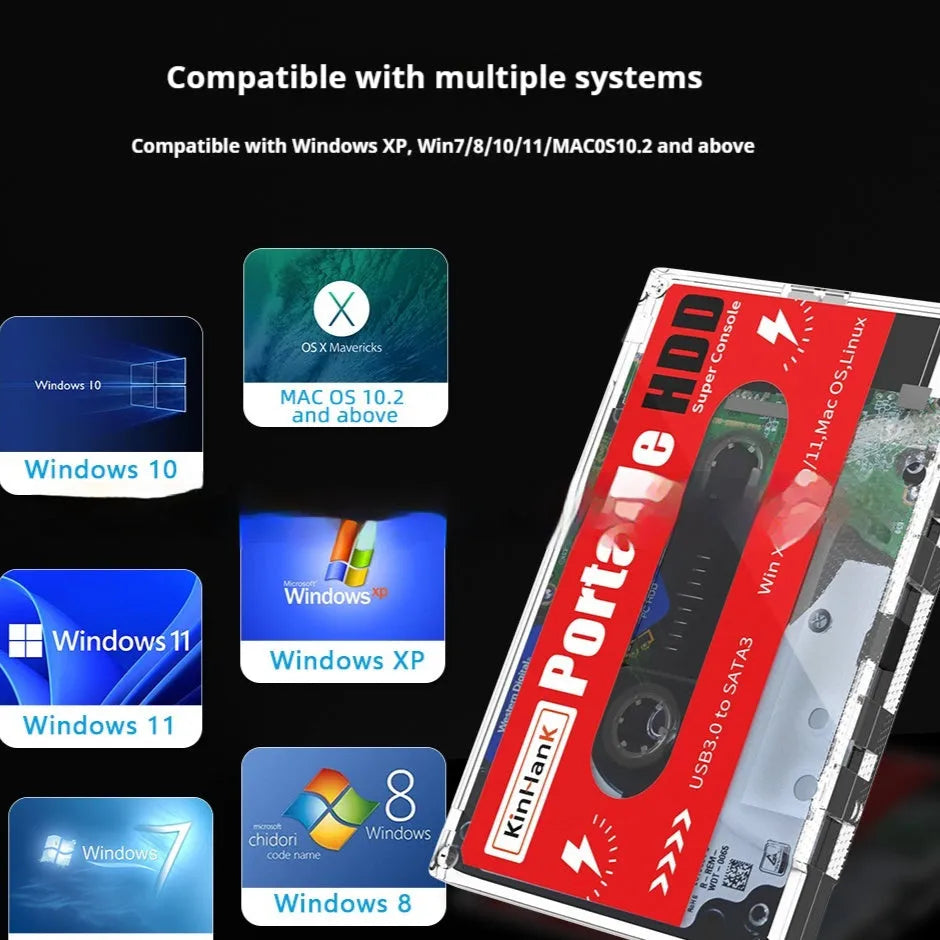 2TB external mechanical hard drive with USB cable and protective storage box