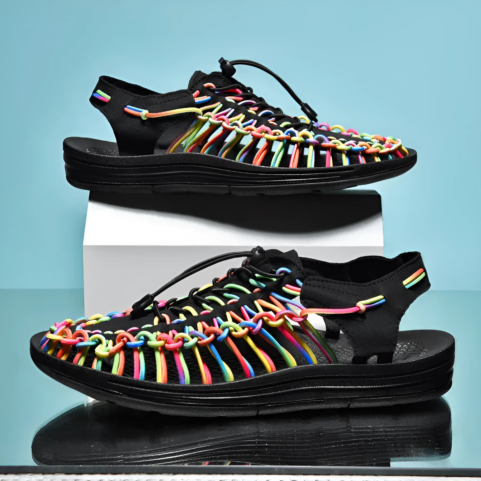 Closed-toe woven sandals with an elastic drawstring tie around the ankle in a rainbow colour pattern.