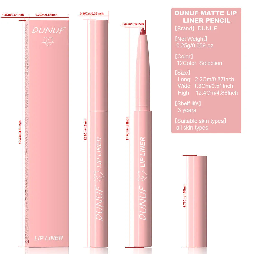 Set of twelve velvet matte lip liner pencils in a range of colours on a white background.