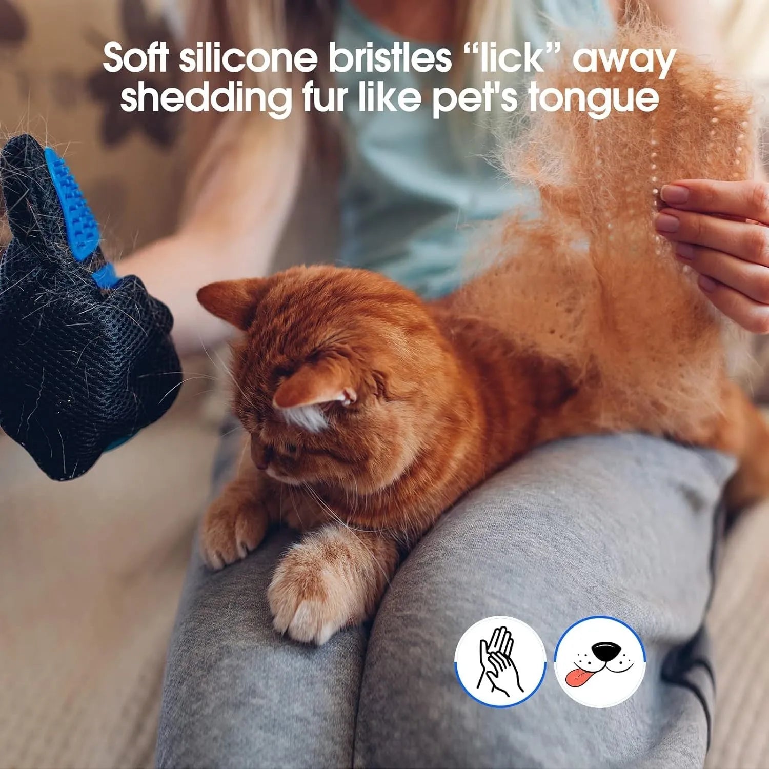 Blue pet grooming gloves with silicone tips for removing hair from dogs and cats during grooming
