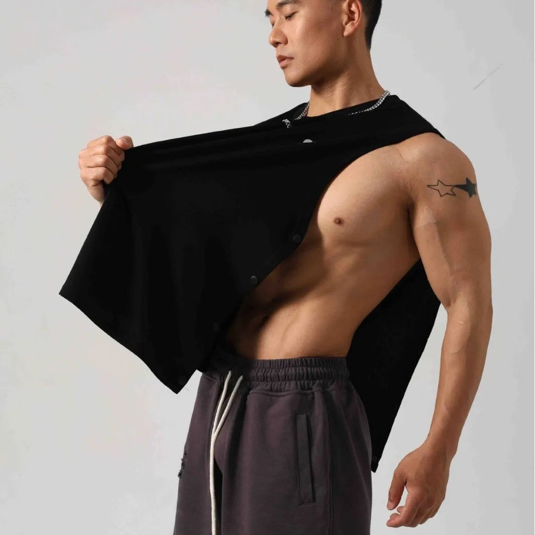 Korean style loose cotton fitness vest for men with hidden hook side opening in black colour