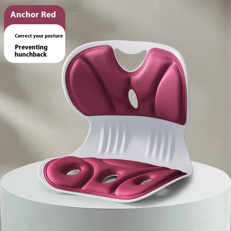 Minimalist solid colour memory foam chair backrest cushion shown in grey and ankela red.