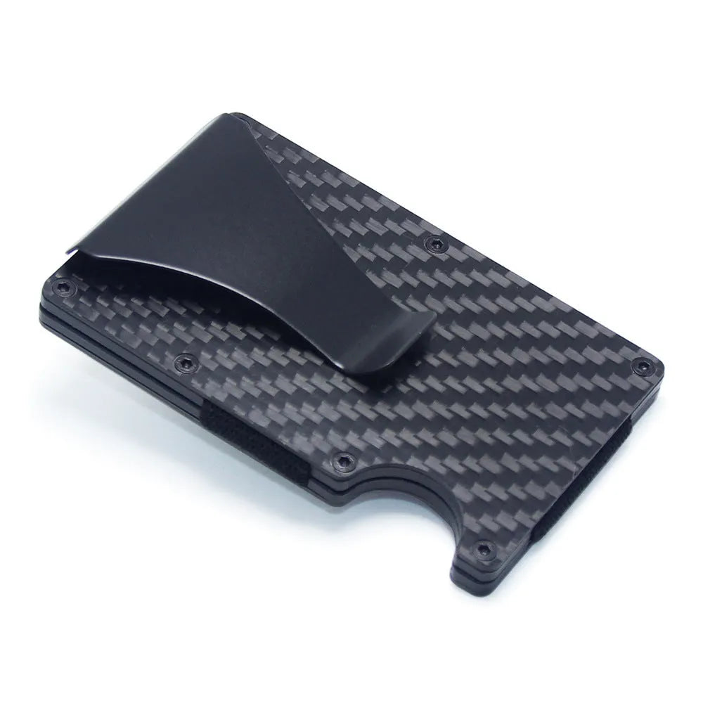 Carbon fibre geometric wallet card holder showing 8mm thickness holding multiple bank cards
