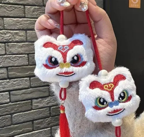 Blue and yellow handmade plush lion tassel ornament keychain with star stone decorative details