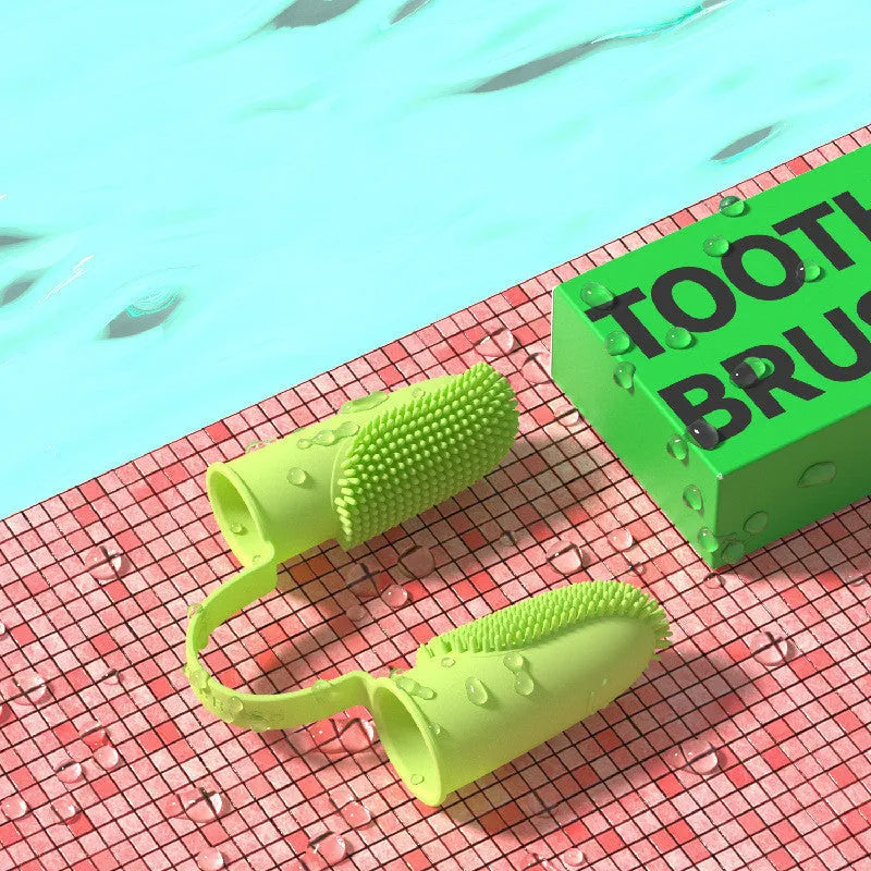 TPR finger cover toothbrush for pet dental cleaning in blue green, yellow, or pink.
