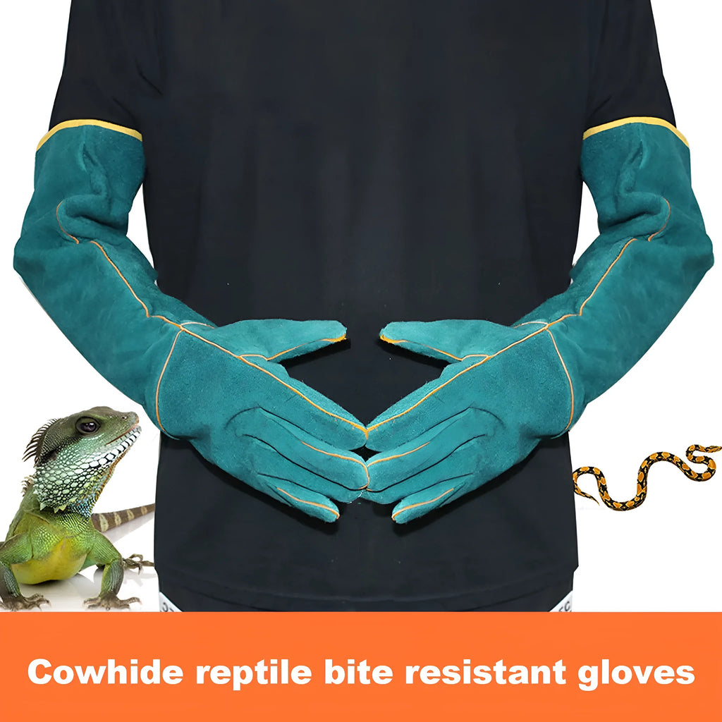 Dark green cowhide leather animal handling gloves with extended sleeve cuffs for bite protection.