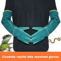 Dark green cowhide leather animal handling gloves with extended sleeve cuffs for bite protection.