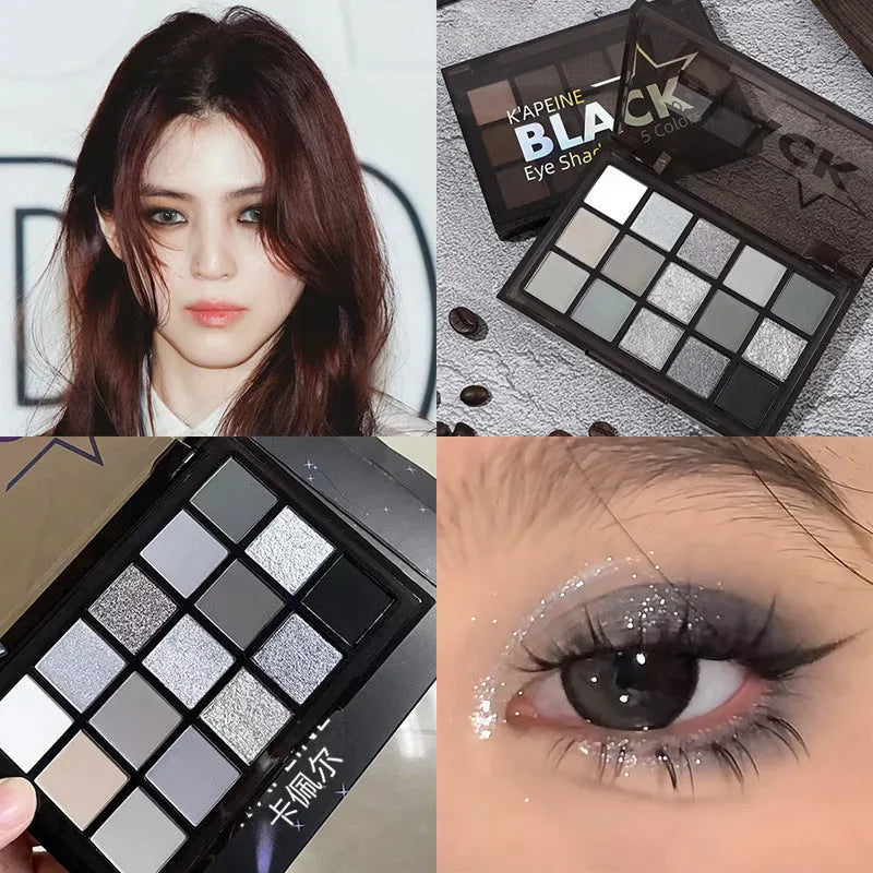 15-colour eyeshadow palette with dark grey, black, and earth tones in matte and shimmer finishes.