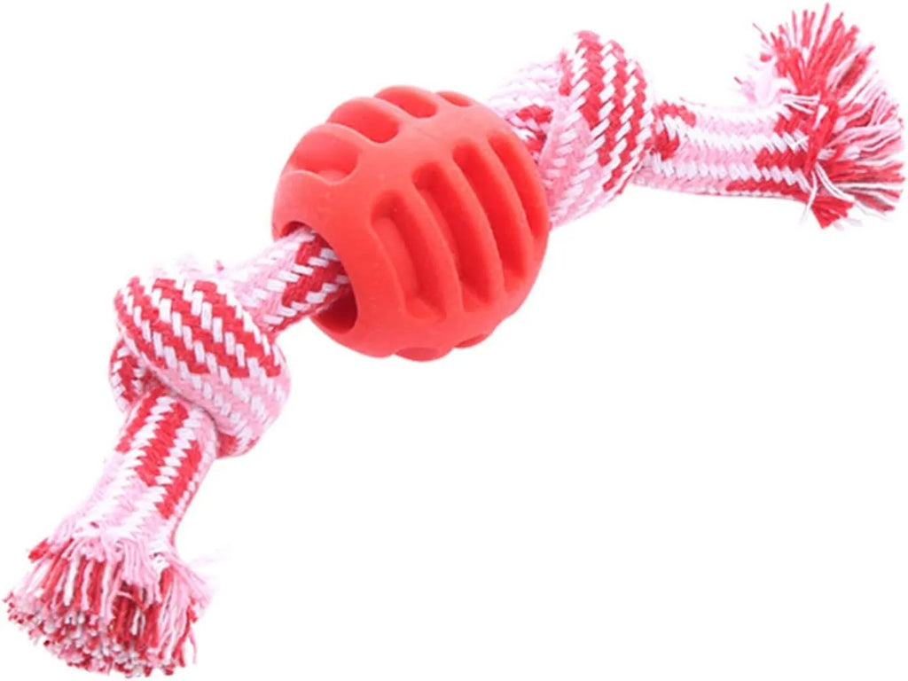 Blue molar-shaped dog chew toy with natural rubber rope attachment for dental cleaning