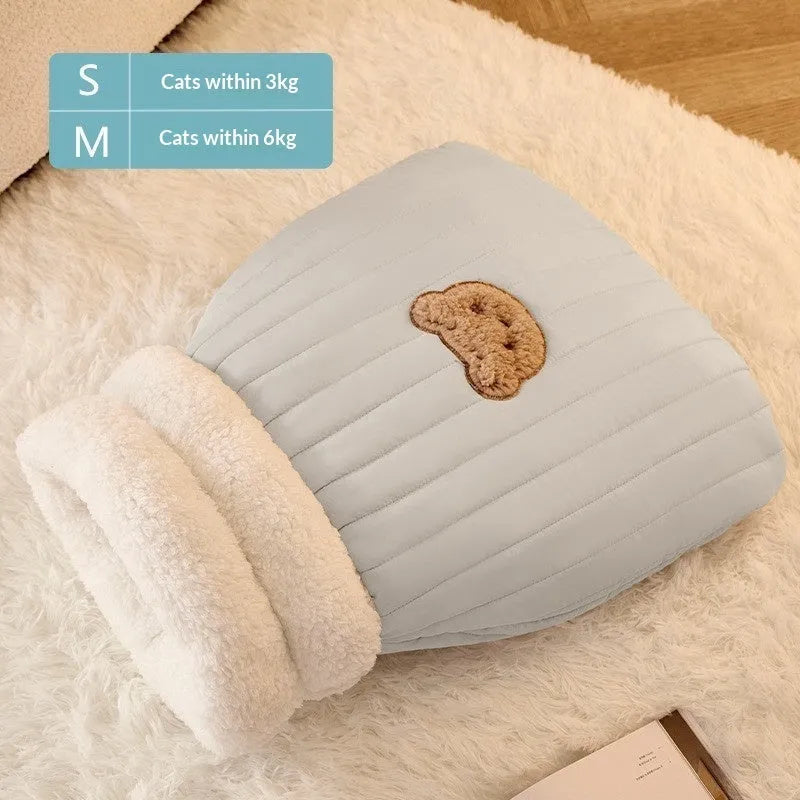 Warm cat bed sleeping bag in cotton fleece, thick corduroy and lamb fleece, sizes S M L, Brown Grey-Blue Beige