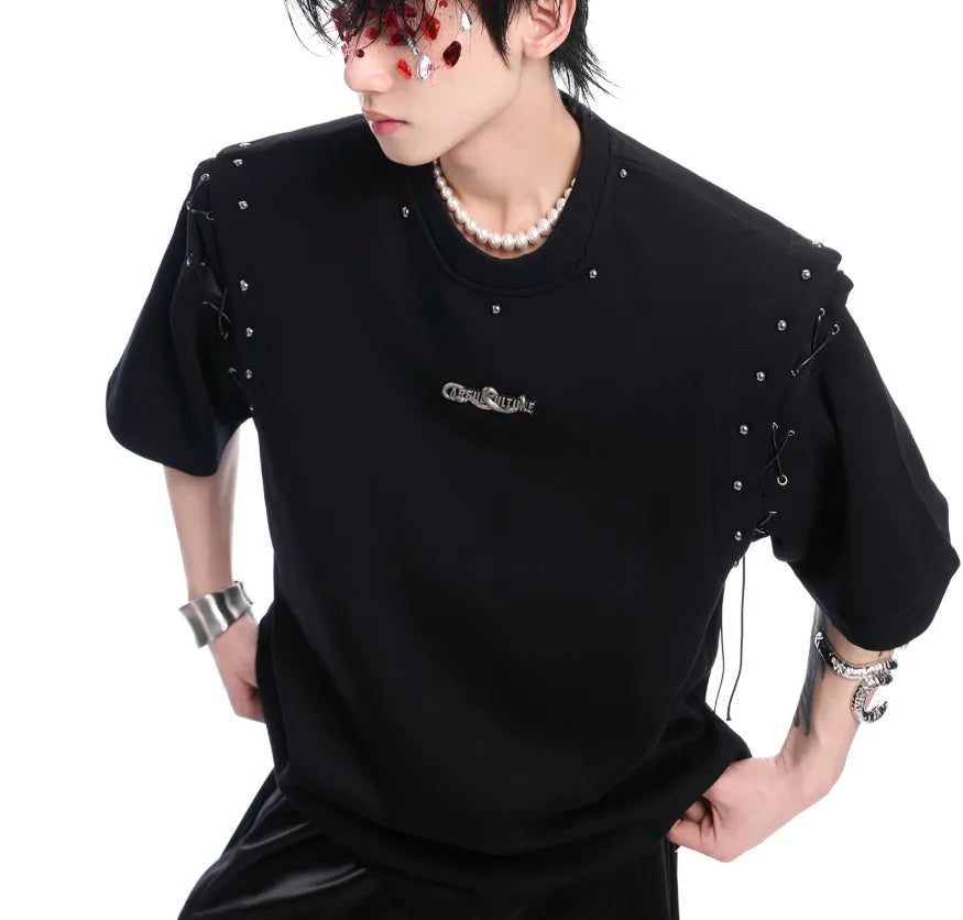 Black short sleeve t-shirt with side lace-up cutout detail on white background