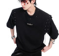 Black short sleeve t-shirt with side lace-up cutout detail on white background