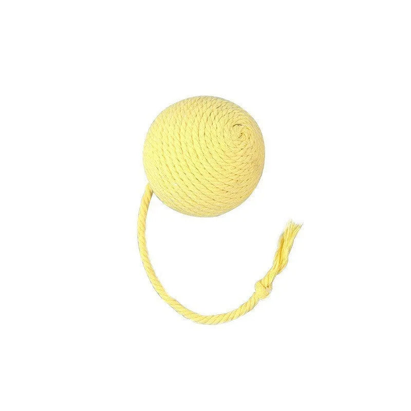 Colourful cat toy ball with rope attachment and built-in bell for interactive play