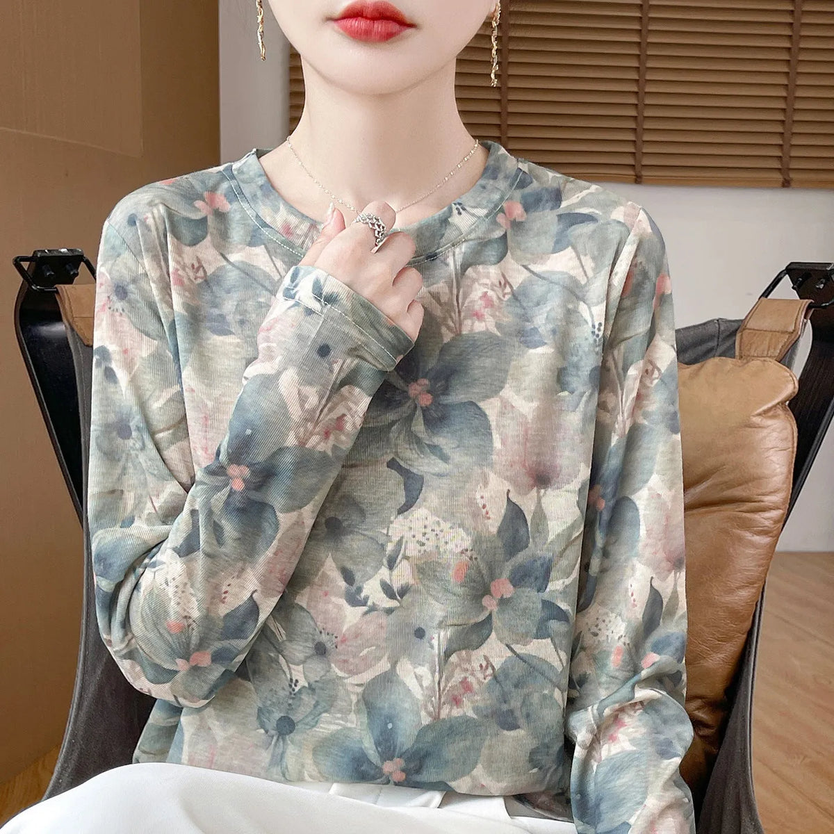 Round neck Tencel Cotton pullover shirt with a printed floral design, shown in a basic silhouette with regular sleeves.