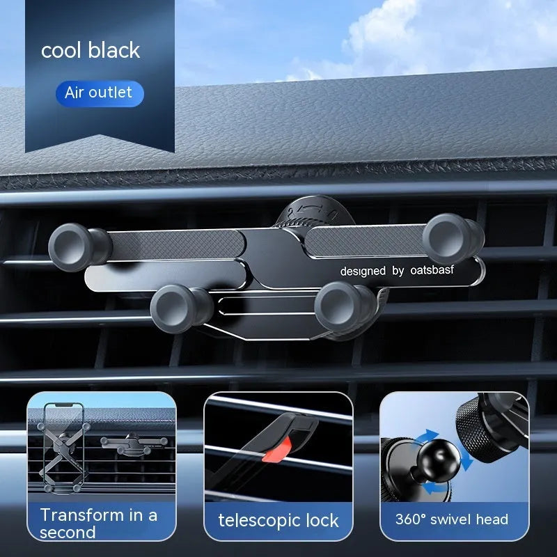 Car mobile phone holder with invisible alloy bracket for air vent or adhesive mounting in black, silver, or grey