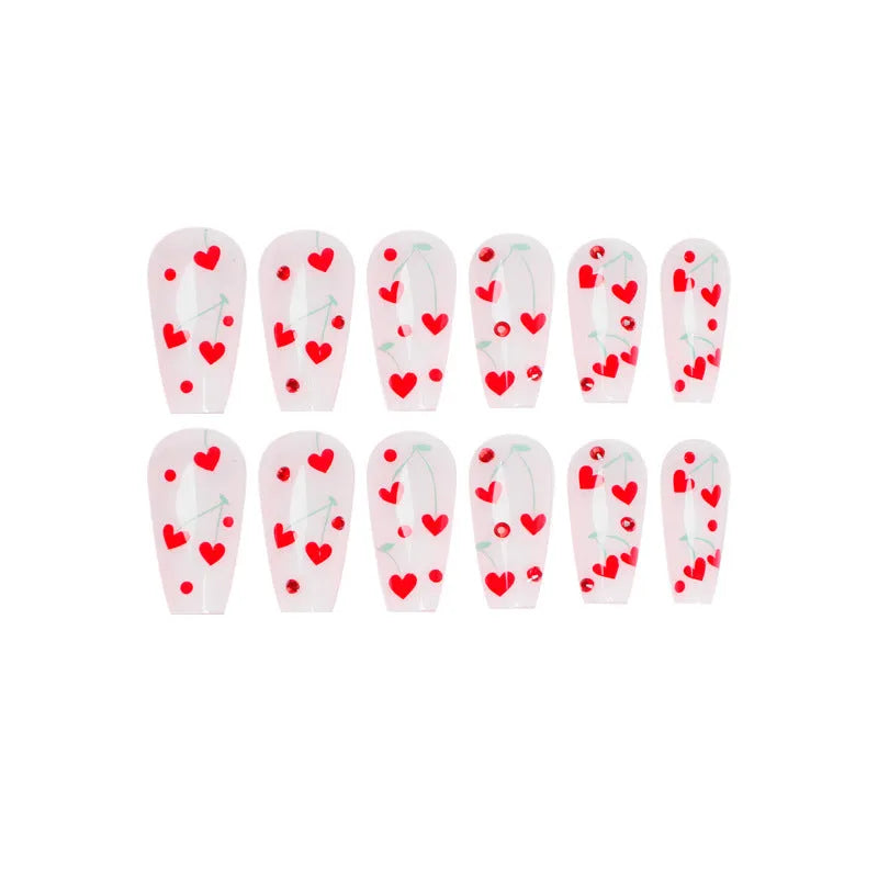 French Love red diamond and cherry design artificial nail tips with glue tube