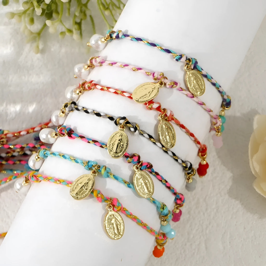 Women's colourful woven bracelet with braided rope material and adjustable carrying strap design in ethnic style