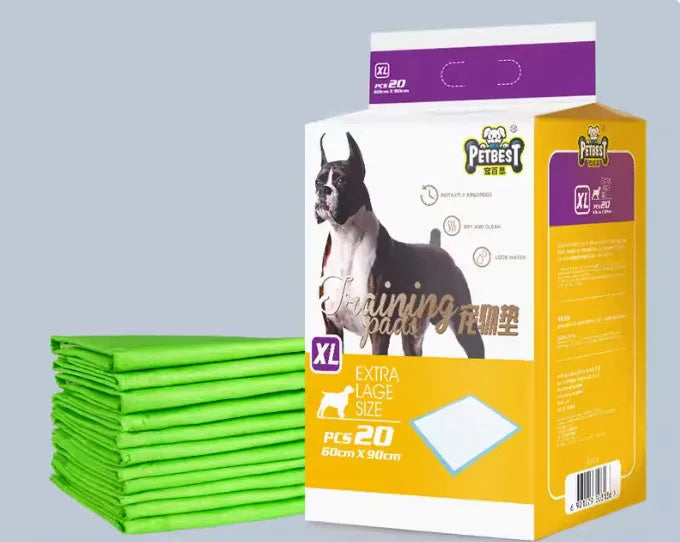Pack of thickened dog urine pads showing size options and bamboo charcoal or lemon scent variants
