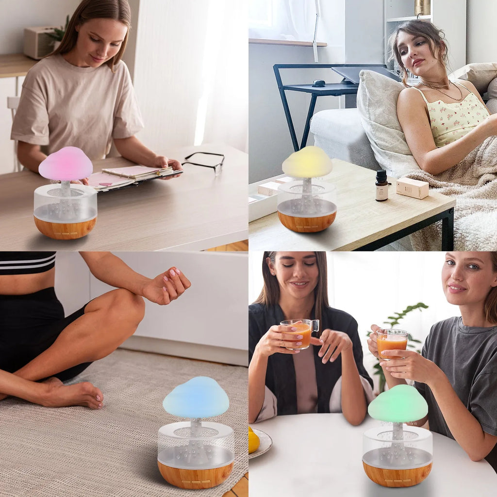 White raining cloud-shaped humidifier with night light and water drop essential oil diffuser.