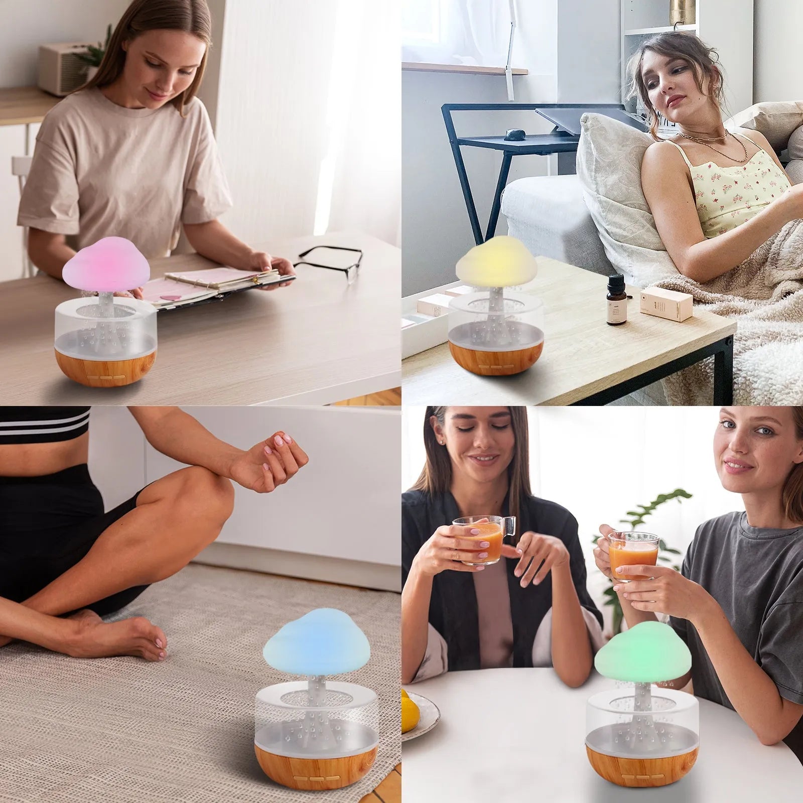 White raining cloud-shaped humidifier with night light and water drop essential oil diffuser.