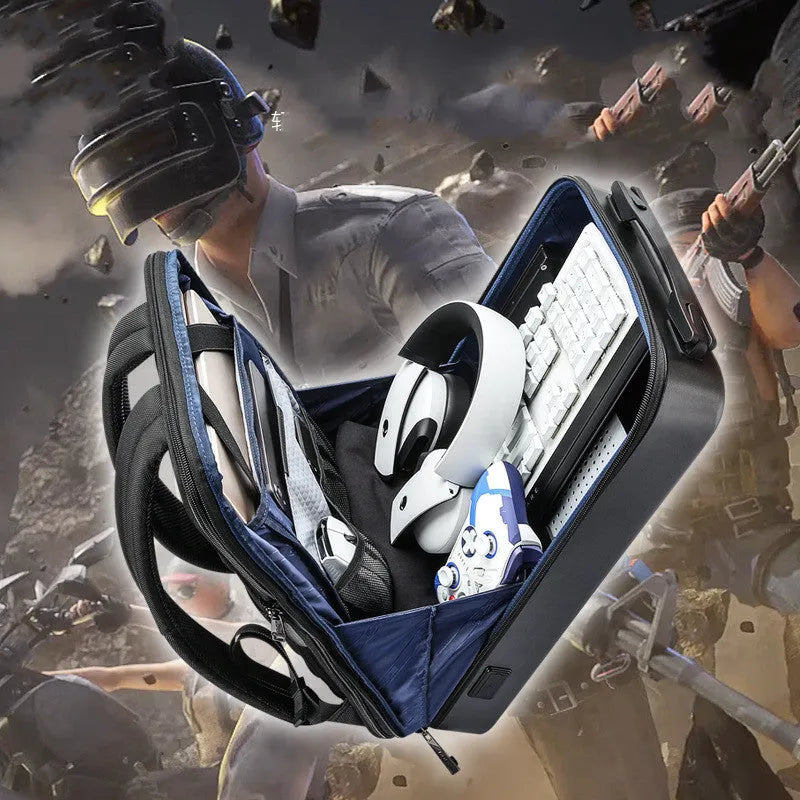 Men's PC hard shell gaming backpack in black, showing front view with straps and urban style design.