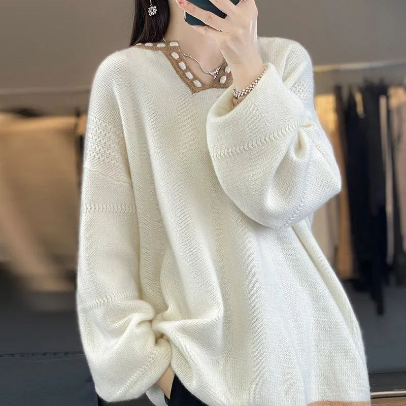 Women's camel colour V-neck viscose fibre sweater with long sleeves on hanger