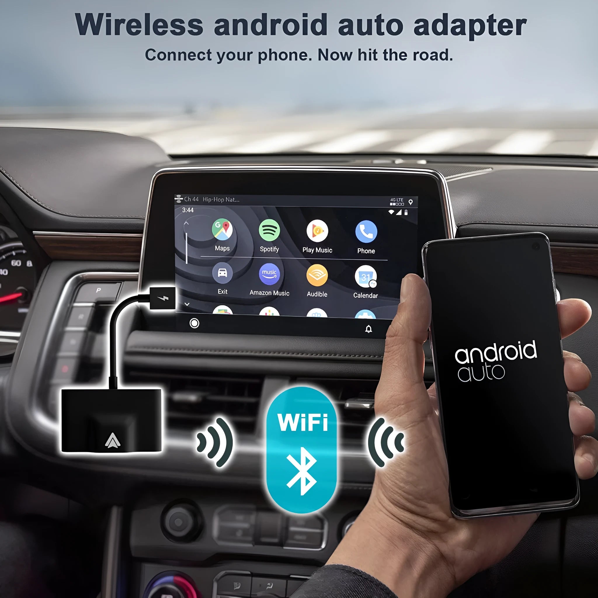 Car wired to wireless Android system adaptor in black or white, shown next to a steering wheel.