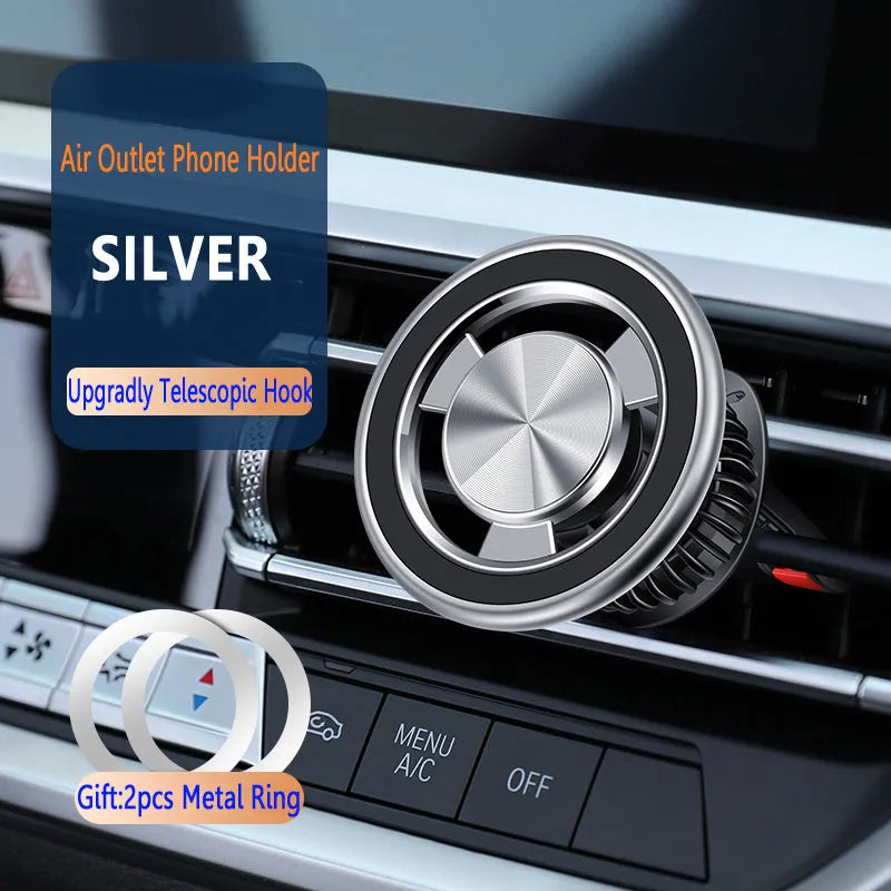 Black magnetic car air vent phone holder with snap-on bracket shown mounted on a vehicle vent.