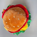 Colourful burger costume hat for cats on a cone collar base in three sizes