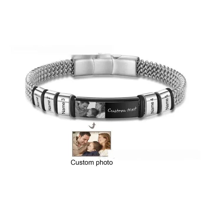 Men's titanium steel and leather rope bracelet with a heart-shaped lettering bead in a gift box.