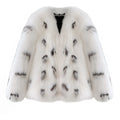 Women's short black and white faux raccoon fur coat with regular sleeves in Korean street fashion style
