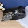 Men's black belt with detailed alloy cow head buckle showing carved and embossed design on imitation leather strap