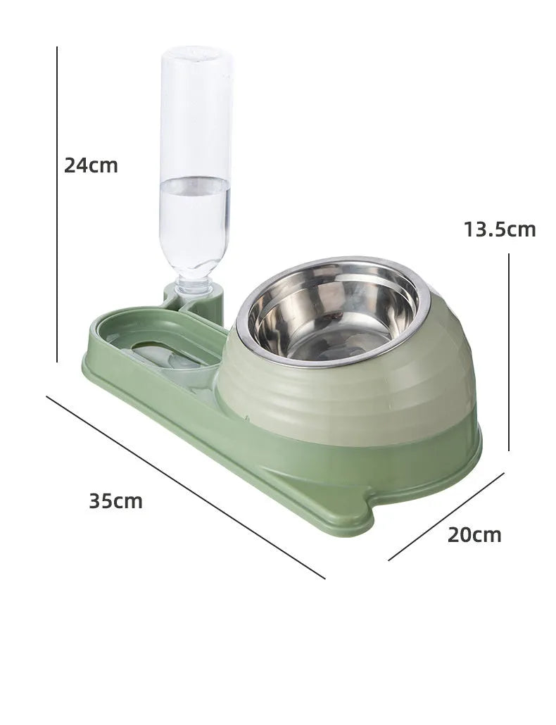 Brown elevated cat bowl set with automatic water bottle and curved food dish