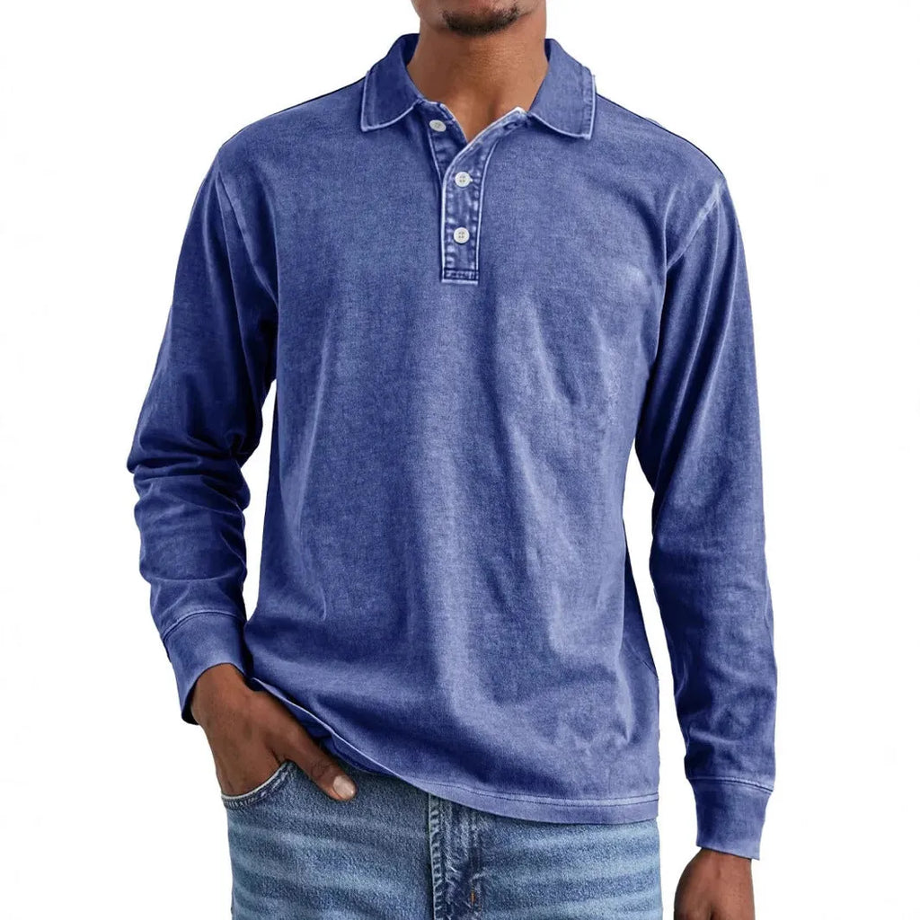 Men's retro washed distressed pure cotton long sleeve polo shirt with lapel collar in army green