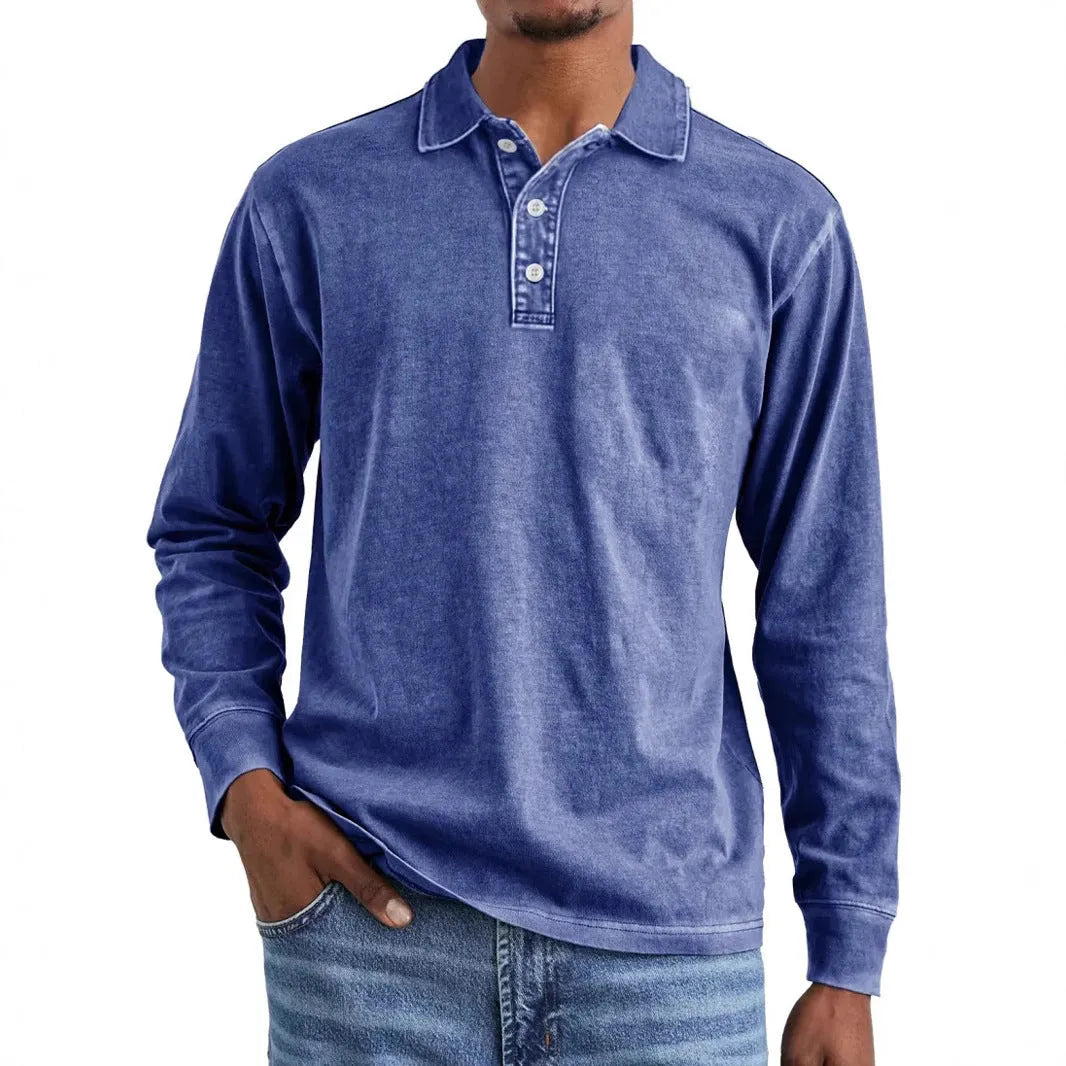 Men's retro washed distressed pure cotton long sleeve polo shirt with lapel collar in army green