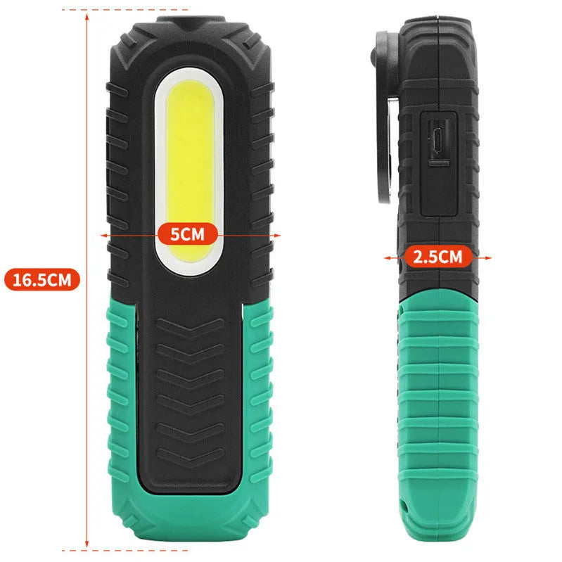 Black and green auto repair work light with USB charging cable for vehicle maintenance