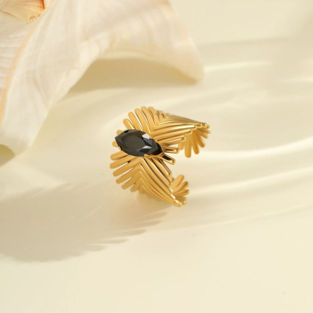 Adjustable open mouth geometric ring with zircon detailing and titanium electroplated finish