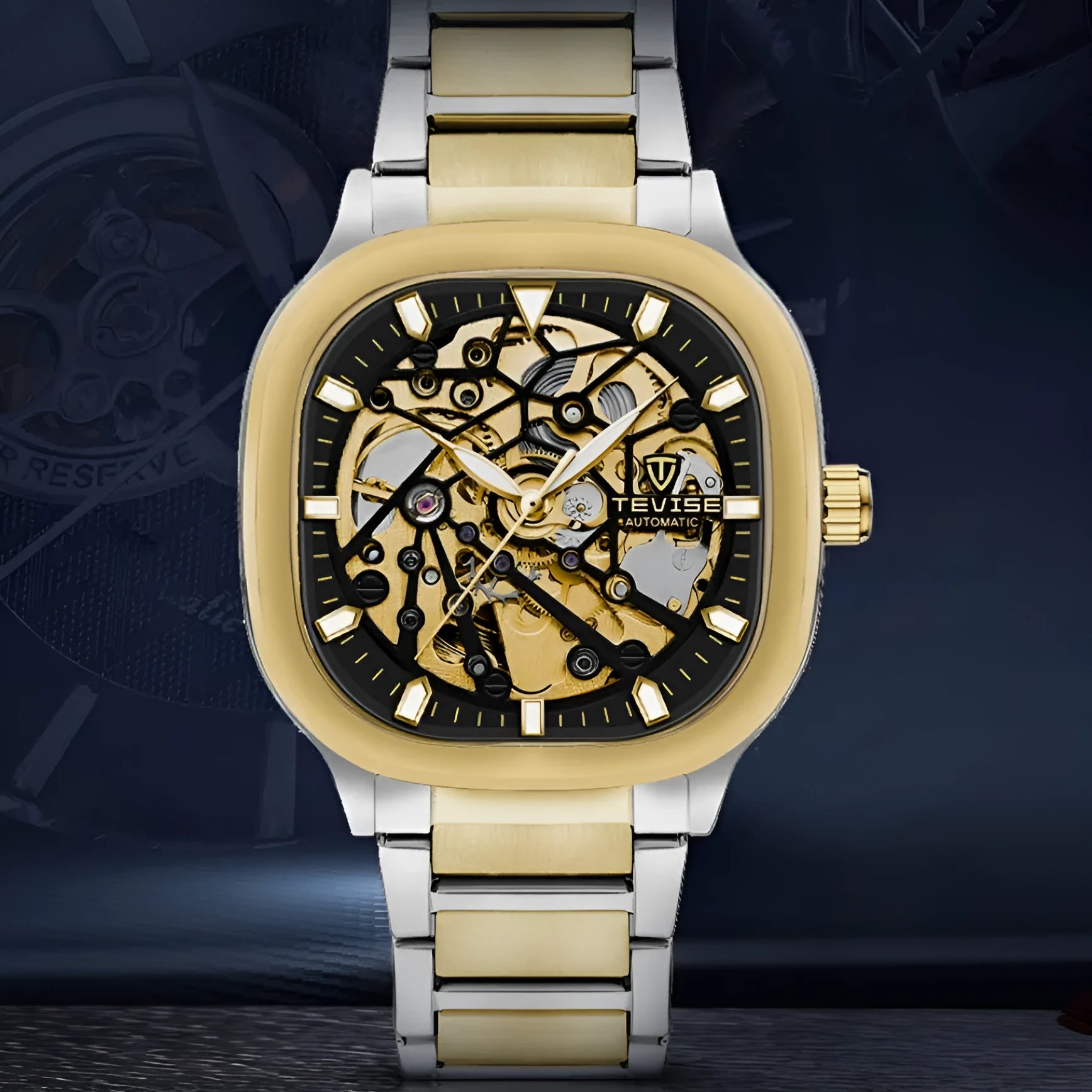 Men's square automatic watch with luminous dial and stainless steel strap on wrist