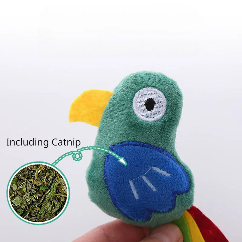 Parrot-shaped plush cat toy with colourful detailing and catnip filling