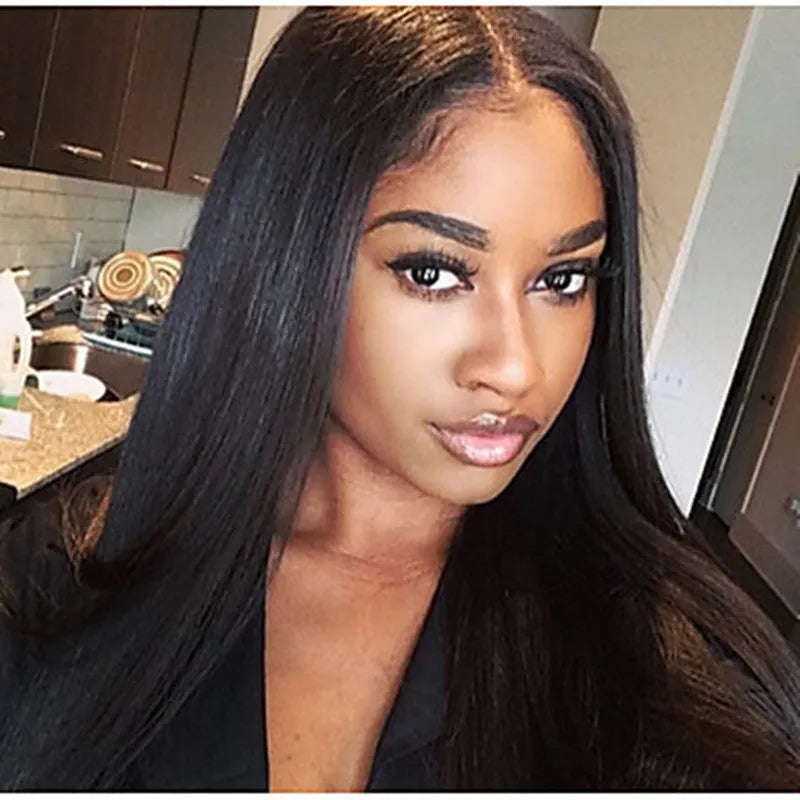 Long straight synthetic wig with centre-parted bangs in high-temperature fibre, black dark brown light brown colours