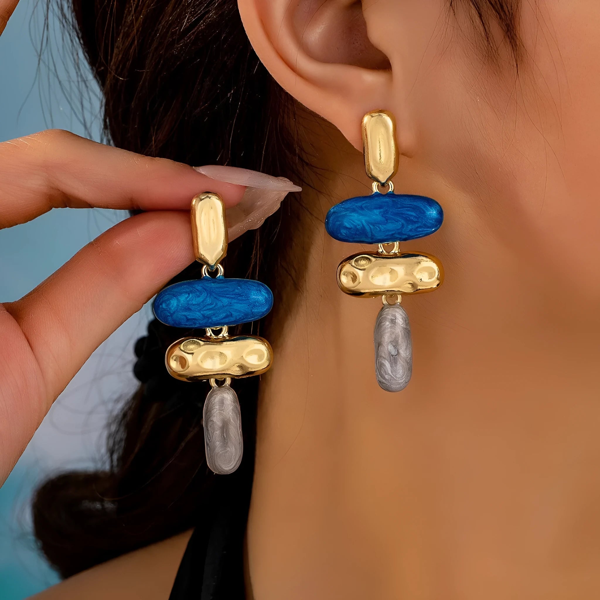 Geometric multicolour stud earrings with zinc alloy electroplated finish