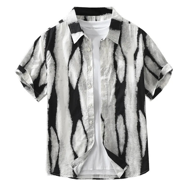 Retro striped black and white pure cotton short sleeve shirt with a loose, cardigan-style fit.