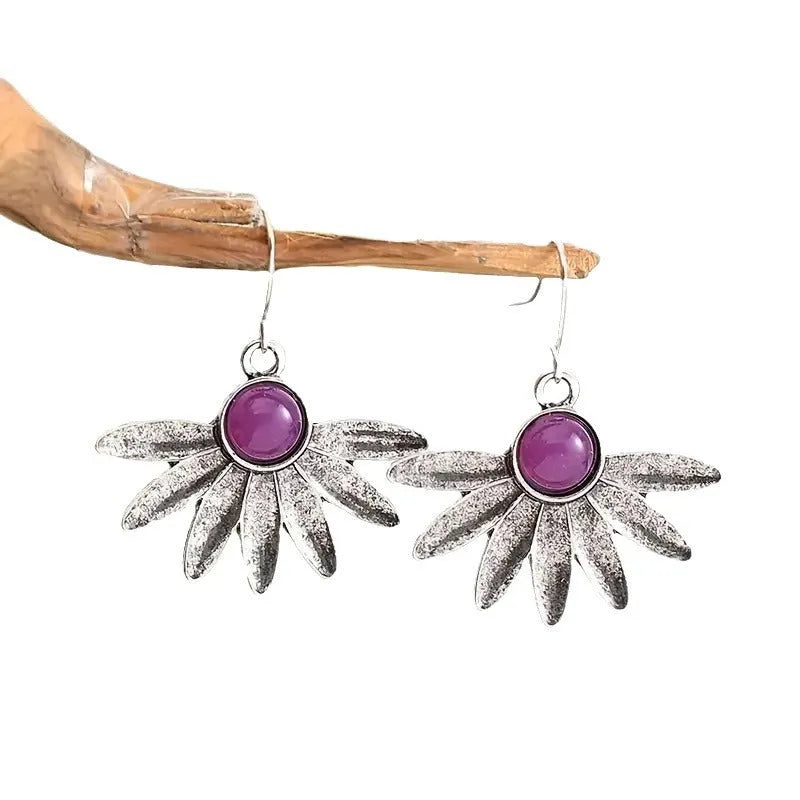 Purple resin bohemian plant flower earrings with alloy animal zodiac modelling in retro style