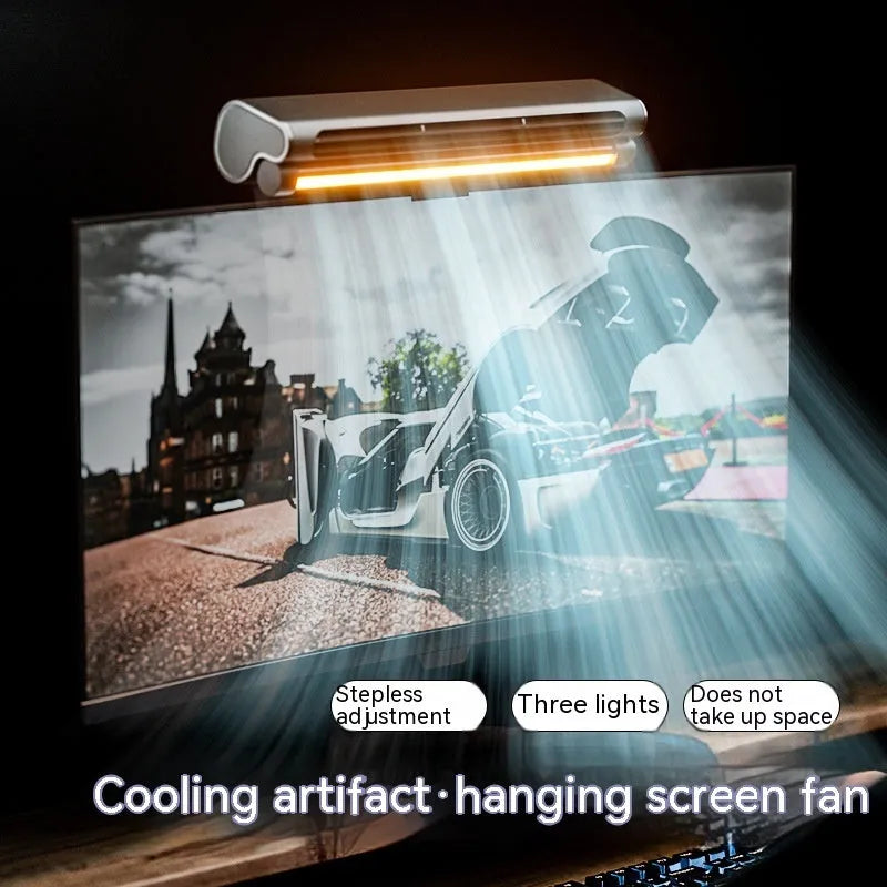 Black USB-powered bladeless clip-on fan attached to laptop screen with integrated LED lighting