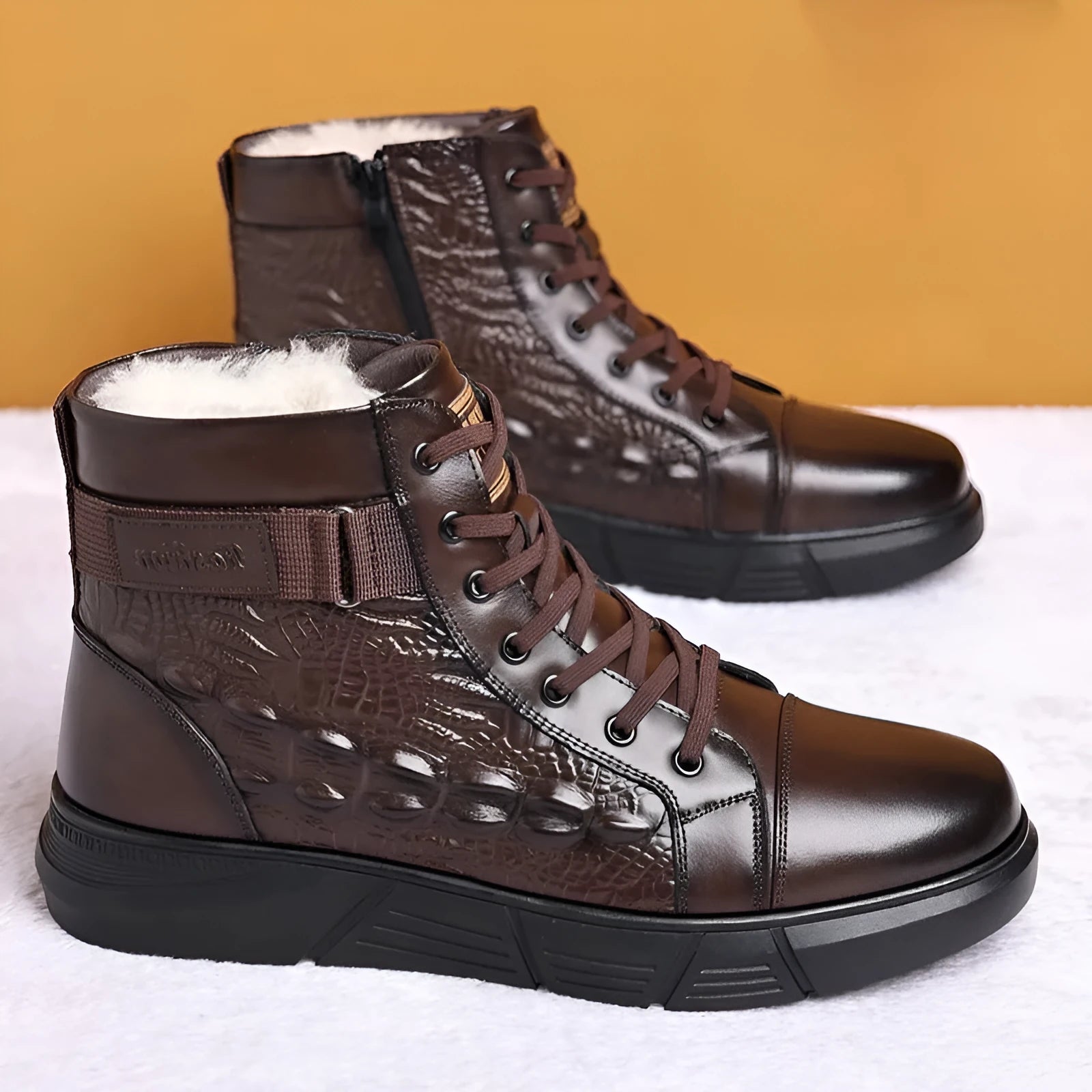 Black and brown genuine leather snow boots with fur lining, round toes, and lace-up fronts on a rubber non-slip sole.