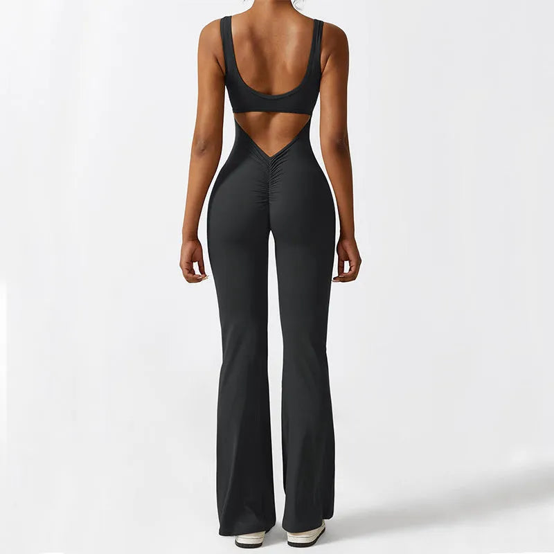 Women's sleeveless flare jumpsuit long pants in high-elasticity polyester for yoga and fitness