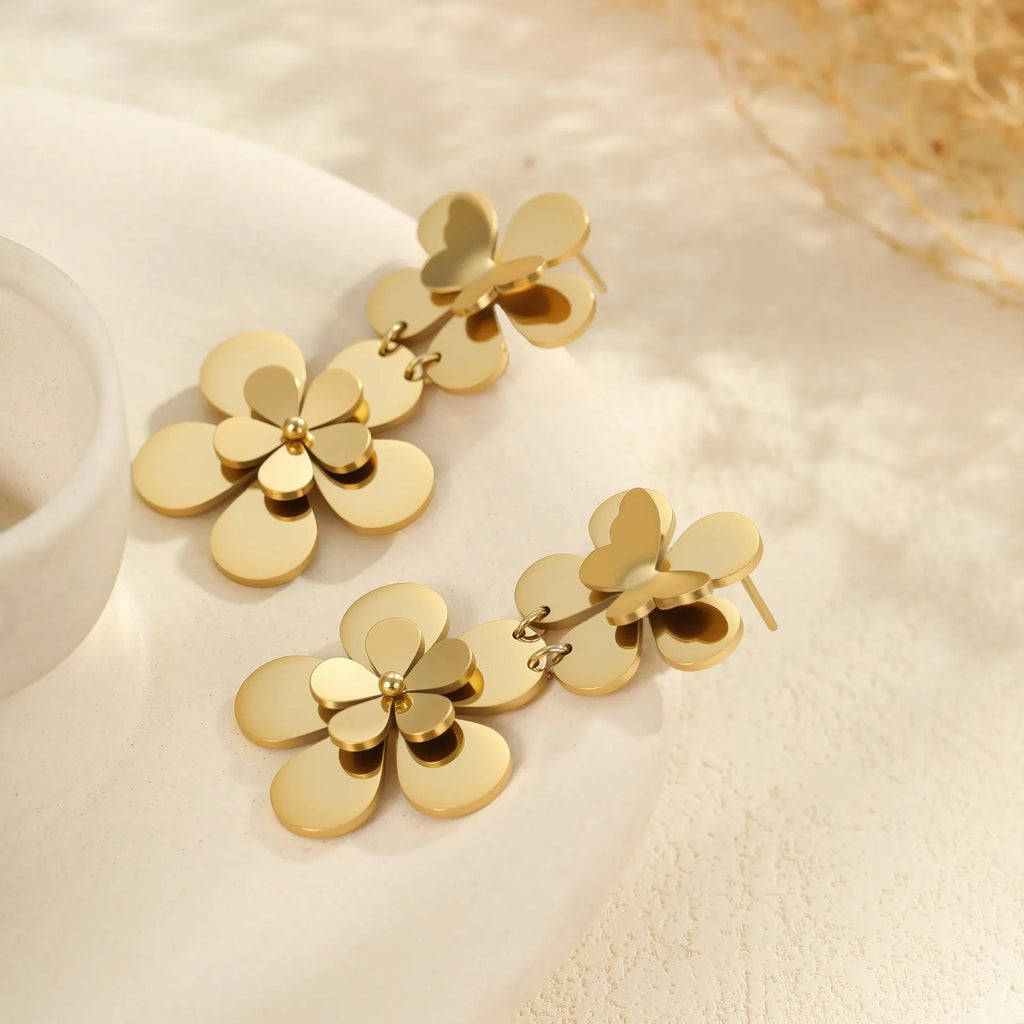 Gold floral butterfly design stainless steel earrings for women with geometric elements