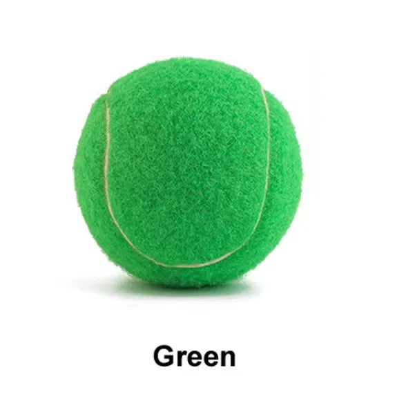 Assorted bright pink, blue, green, yellow, orange, and red rubber dog tennis balls, 6.3cm in diameter.