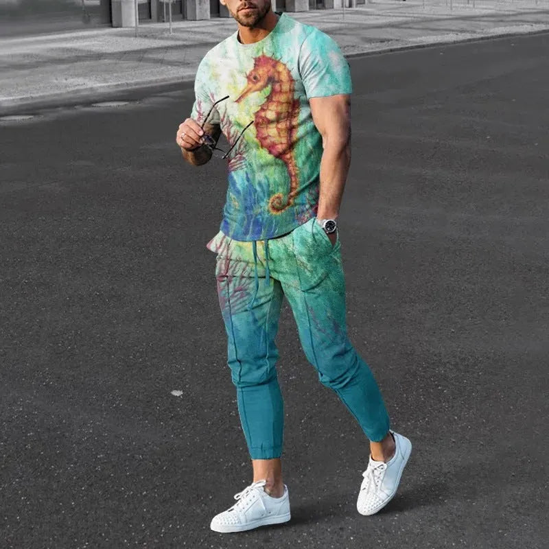 Men's lightweight printed short-sleeve top and trousers two-piece sports suit set