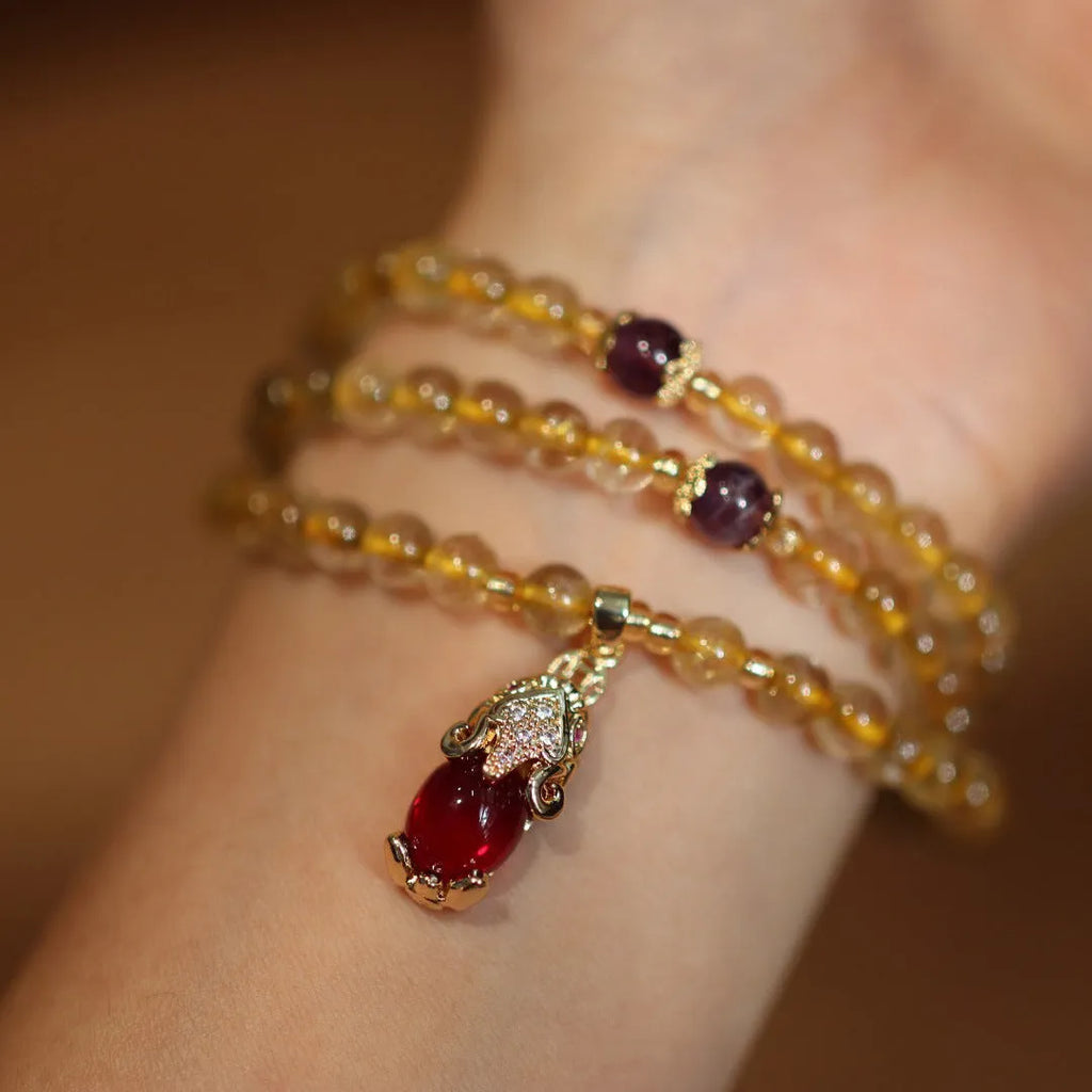 Natural Brazilian gold rutilated quartz Chinese-style bracelet with three-circle gold ruby quartz charm pendant